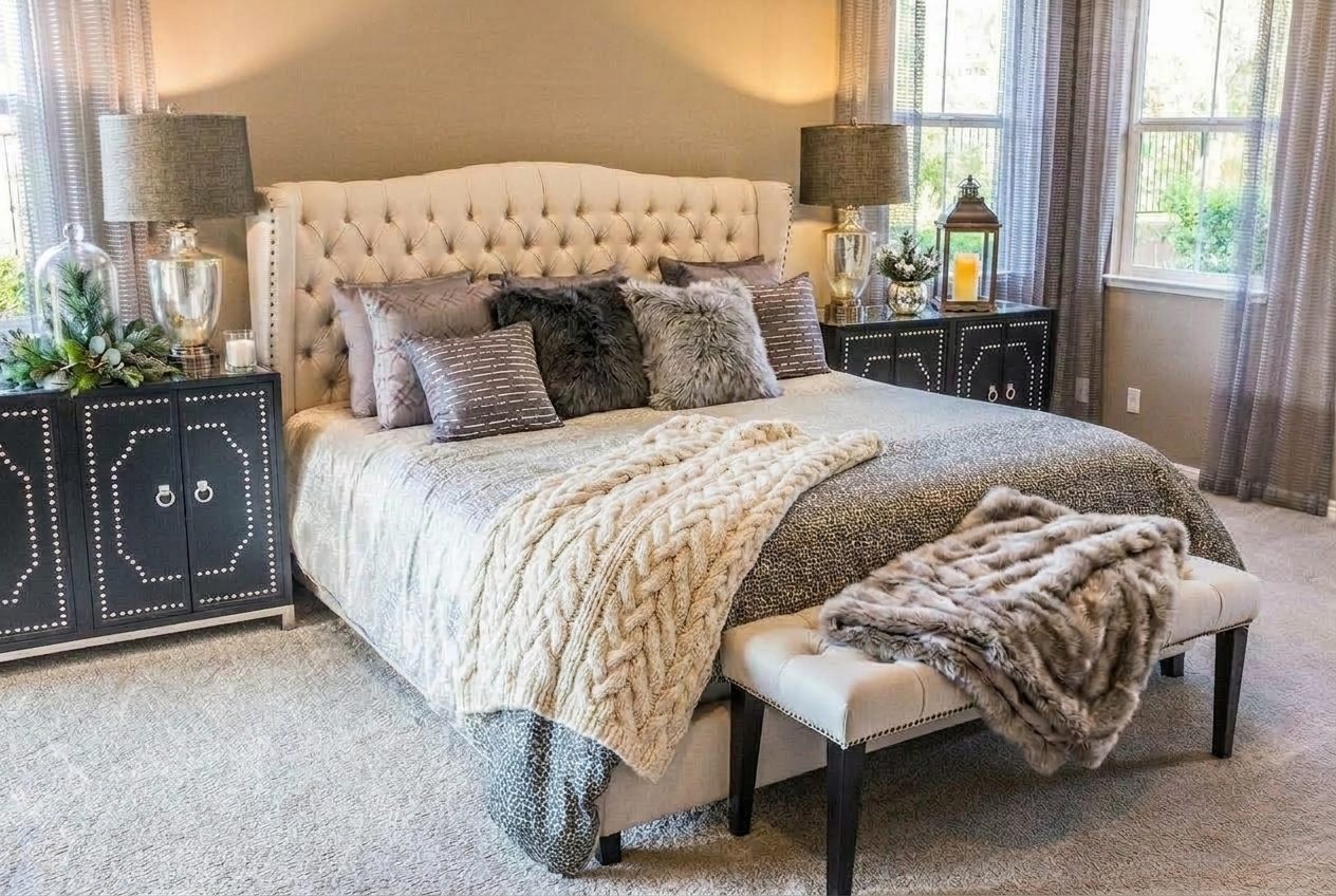 Bedroom after — Winter redesign with real products