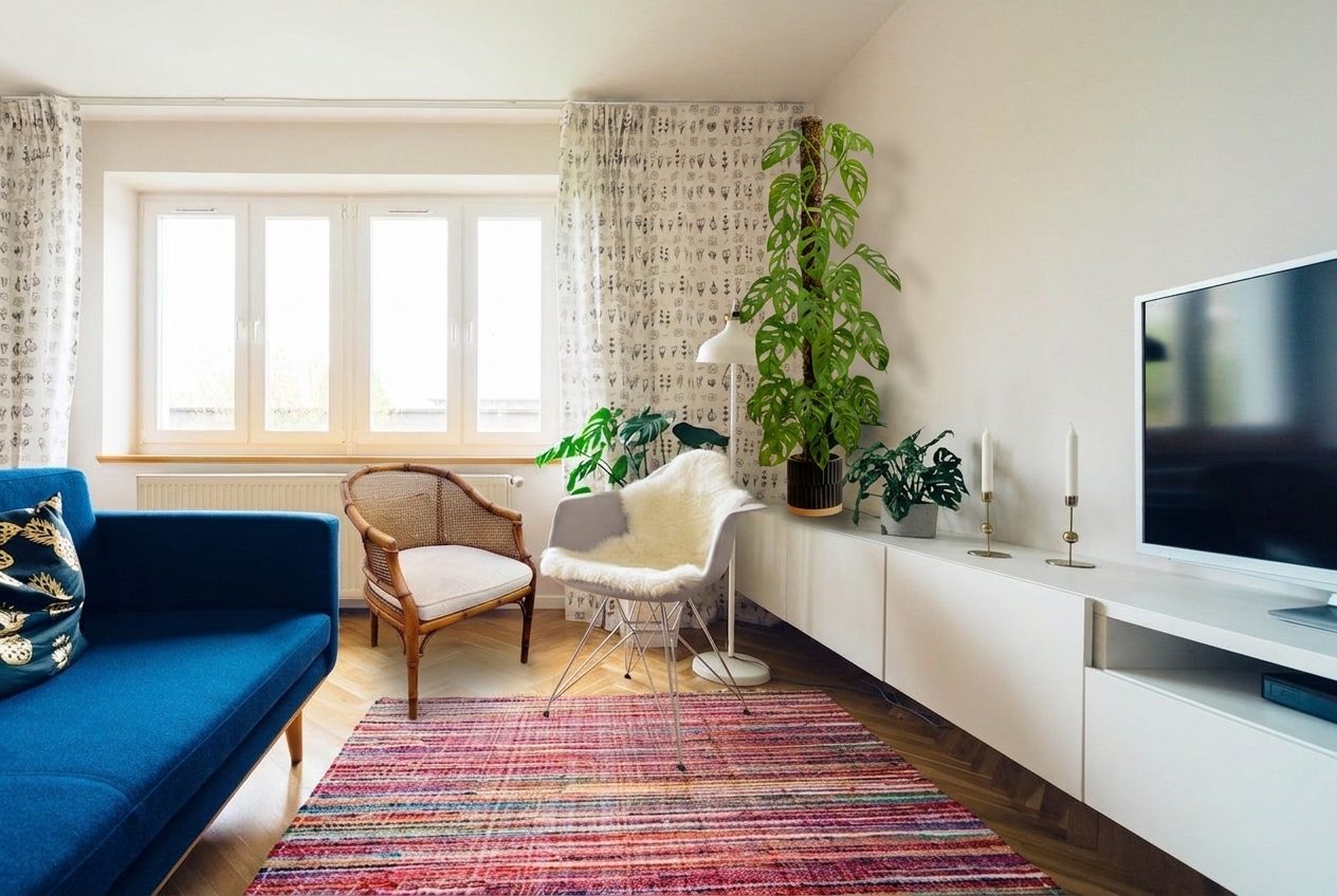 Living room after — Boho redesign with real products