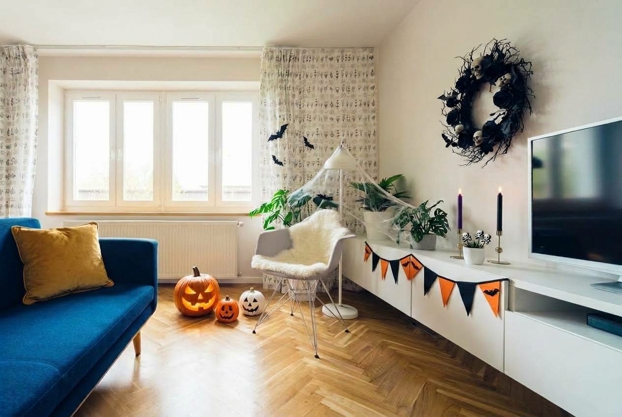Living room after — Halloween redesign with real products