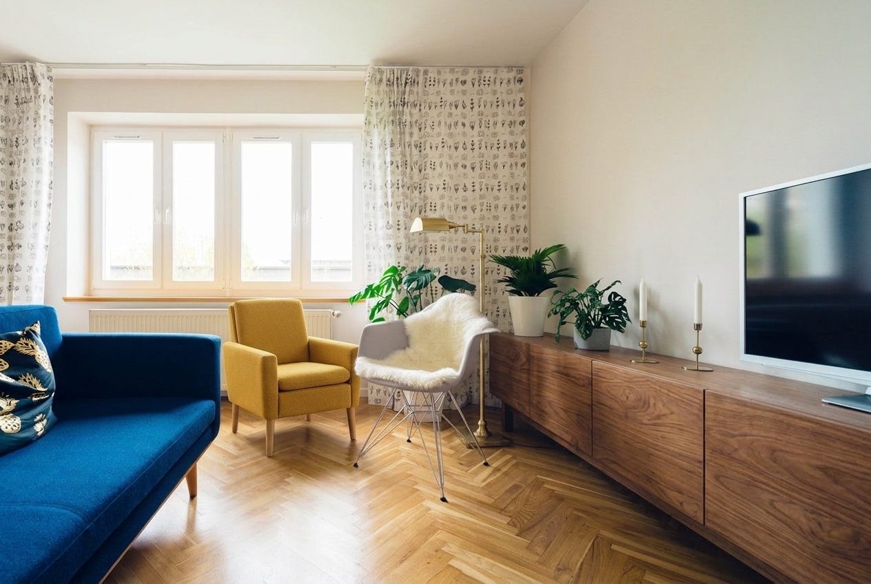 Living room after — Mid-century redesign with real products