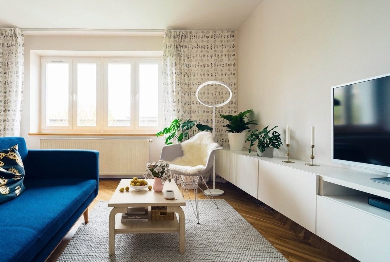 Living room after — Scandinavian redesign with real products
