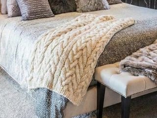 Bigacogo Chunky Knit Throw Blanket for Couch, 80x90 inches, Ivory | Hand Knit with Jumbo Chenille, Soft Breathable Cable Knit for Sofa Bed L